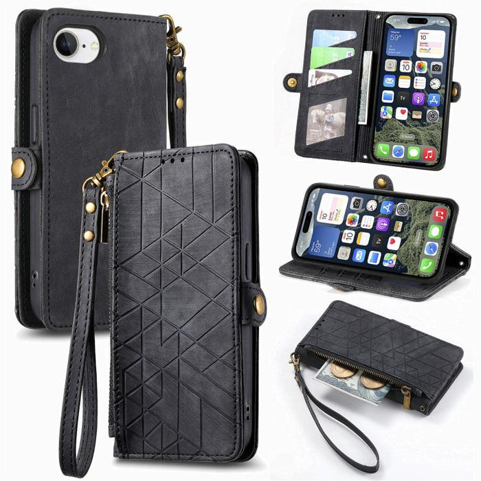 Estuche de teléfono de cuero con hebilla lateral de billetera con cremallera geométrica, For iPhone 17e / 16e, For iPhone 17 Pro Max, For iPhone 17 Pro, For iPhone 17, For iPhone Air, For iPhone 16 Pro Max, For iPhone 16 Pro, For iPhone 16 Plus        ...