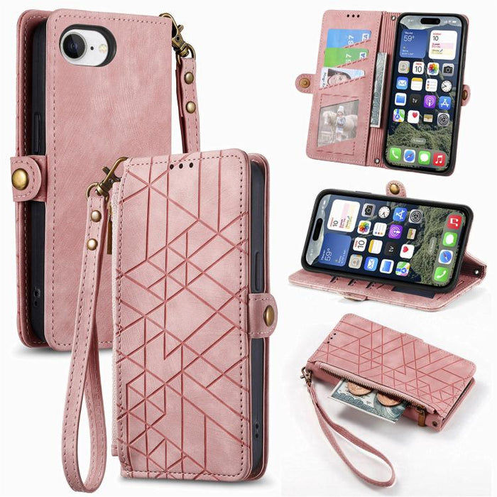 Estuche de teléfono de cuero con hebilla lateral de billetera con cremallera geométrica, For iPhone 17e / 16e, For iPhone 17 Pro Max, For iPhone 17 Pro, For iPhone 17, For iPhone Air, For iPhone 16 Pro Max, For iPhone 16 Pro, For iPhone 16 Plus        ...