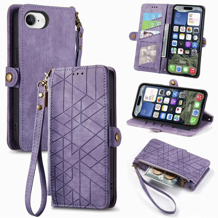 Estuche de teléfono de cuero con hebilla lateral de billetera con cremallera geométrica, For iPhone 17e / 16e, For iPhone 17 Pro Max, For iPhone 17 Pro, For iPhone 17, For iPhone Air, For iPhone 16 Pro Max, For iPhone 16 Pro, For iPhone 16 Plus        ...