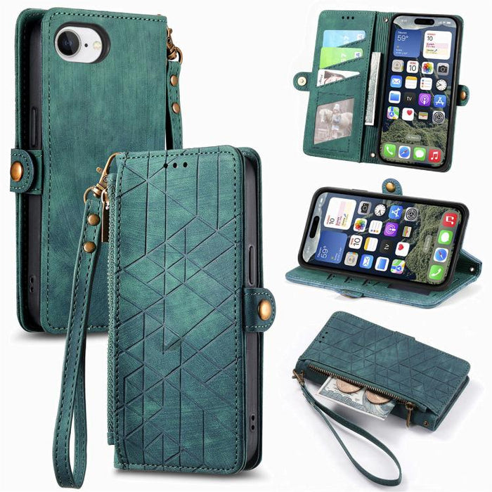 Estuche de teléfono de cuero con hebilla lateral de billetera con cremallera geométrica, For iPhone 17e / 16e, For iPhone 17 Pro Max, For iPhone 17 Pro, For iPhone 17, For iPhone Air, For iPhone 16 Pro Max, For iPhone 16 Pro, For iPhone 16 Plus        ...
