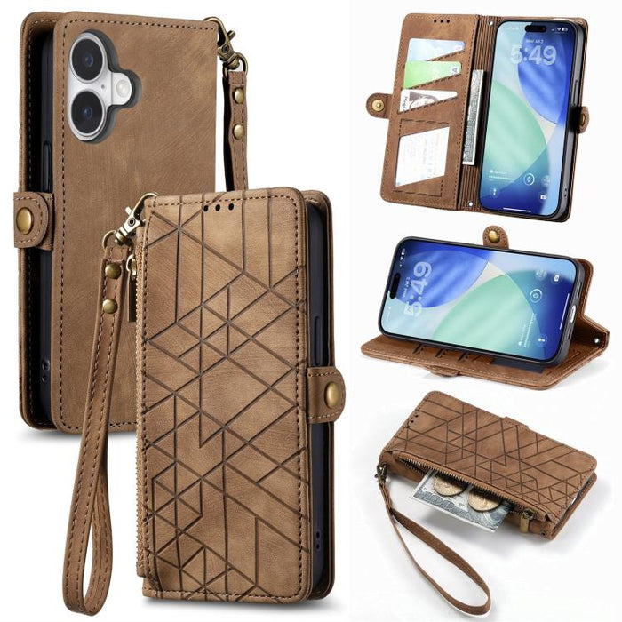 Estuche de teléfono de cuero con hebilla lateral de billetera con cremallera geométrica, For iPhone 17e / 16e, For iPhone 17 Pro Max, For iPhone 17 Pro, For iPhone 17, For iPhone Air, For iPhone 16 Pro Max, For iPhone 16 Pro, For iPhone 16 Plus        ...