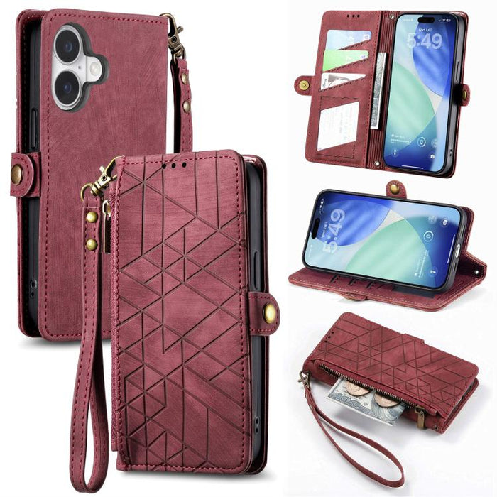 Estuche de teléfono de cuero con hebilla lateral de billetera con cremallera geométrica, For iPhone 17e / 16e, For iPhone 17 Pro Max, For iPhone 17 Pro, For iPhone 17, For iPhone Air, For iPhone 16 Pro Max, For iPhone 16 Pro, For iPhone 16 Plus        ...