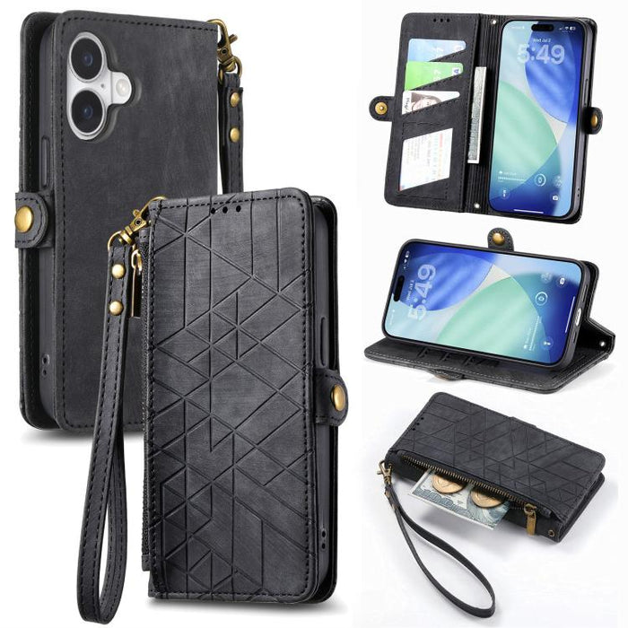 Estuche de teléfono de cuero con hebilla lateral de billetera con cremallera geométrica, For iPhone 17e / 16e, For iPhone 17 Pro Max, For iPhone 17 Pro, For iPhone 17, For iPhone Air, For iPhone 16 Pro Max, For iPhone 16 Pro, For iPhone 16 Plus        ...