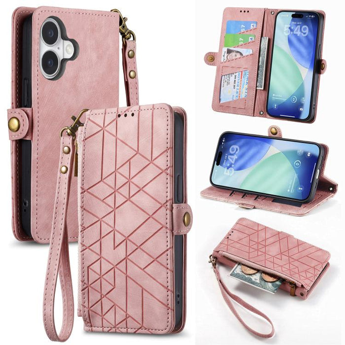 Estuche de teléfono de cuero con hebilla lateral de billetera con cremallera geométrica, For iPhone 17e / 16e, For iPhone 17 Pro Max, For iPhone 17 Pro, For iPhone 17, For iPhone Air, For iPhone 16 Pro Max, For iPhone 16 Pro, For iPhone 16 Plus        ...