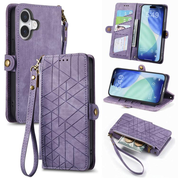 Estuche de teléfono de cuero con hebilla lateral de billetera con cremallera geométrica, For iPhone 17e / 16e, For iPhone 17 Pro Max, For iPhone 17 Pro, For iPhone 17, For iPhone Air, For iPhone 16 Pro Max, For iPhone 16 Pro, For iPhone 16 Plus        ...