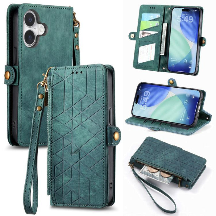 Estuche de teléfono de cuero con hebilla lateral de billetera con cremallera geométrica, For iPhone 17e / 16e, For iPhone 17 Pro Max, For iPhone 17 Pro, For iPhone 17, For iPhone Air, For iPhone 16 Pro Max, For iPhone 16 Pro, For iPhone 16 Plus        ...