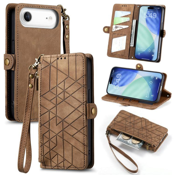 Estuche de teléfono de cuero con hebilla lateral de billetera con cremallera geométrica, For iPhone 17e / 16e, For iPhone 17 Pro Max, For iPhone 17 Pro, For iPhone 17, For iPhone Air, For iPhone 16 Pro Max, For iPhone 16 Pro, For iPhone 16 Plus        ...