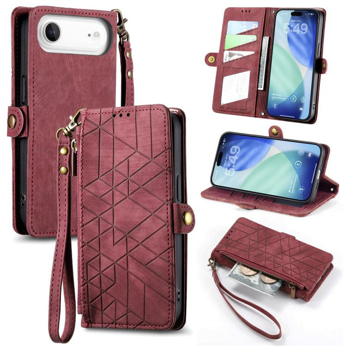 Estuche de teléfono de cuero con hebilla lateral de billetera con cremallera geométrica, For iPhone 17e / 16e, For iPhone 17 Pro Max, For iPhone 17 Pro, For iPhone 17, For iPhone Air, For iPhone 16 Pro Max, For iPhone 16 Pro, For iPhone 16 Plus        ...