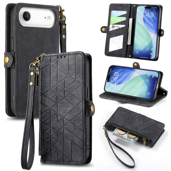 Estuche de teléfono de cuero con hebilla lateral de billetera con cremallera geométrica, For iPhone 17e / 16e, For iPhone 17 Pro Max, For iPhone 17 Pro, For iPhone 17, For iPhone Air, For iPhone 16 Pro Max, For iPhone 16 Pro, For iPhone 16 Plus        ...