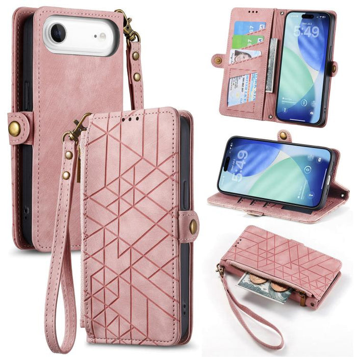 Estuche de teléfono de cuero con hebilla lateral de billetera con cremallera geométrica, For iPhone 17e / 16e, For iPhone 17 Pro Max, For iPhone 17 Pro, For iPhone 17, For iPhone Air, For iPhone 16 Pro Max, For iPhone 16 Pro, For iPhone 16 Plus        ...