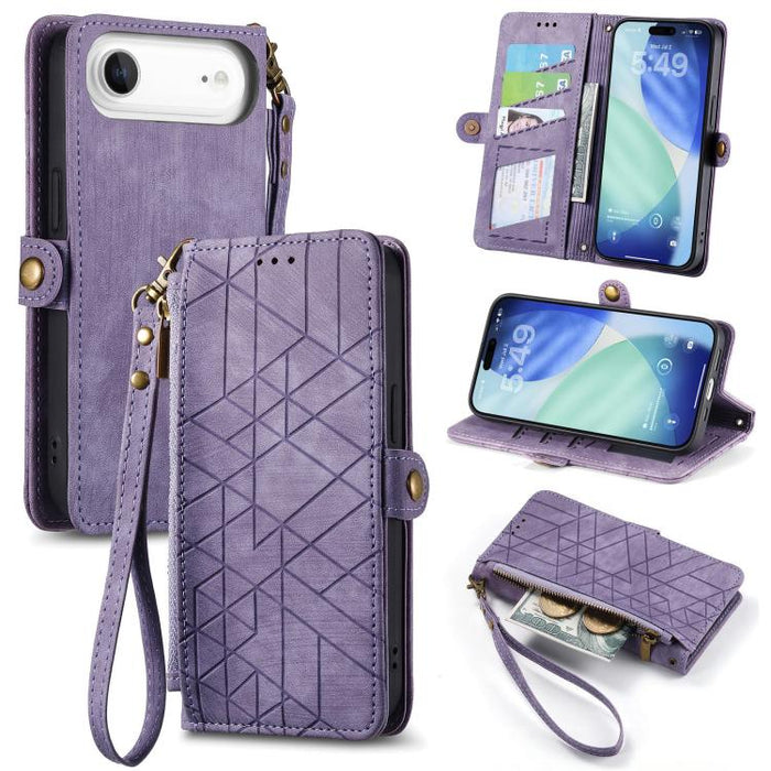 Estuche de teléfono de cuero con hebilla lateral de billetera con cremallera geométrica, For iPhone 17e / 16e, For iPhone 17 Pro Max, For iPhone 17 Pro, For iPhone 17, For iPhone Air, For iPhone 16 Pro Max, For iPhone 16 Pro, For iPhone 16 Plus        ...