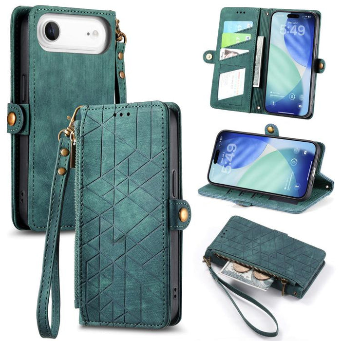Estuche de teléfono de cuero con hebilla lateral de billetera con cremallera geométrica, For iPhone 17e / 16e, For iPhone 17 Pro Max, For iPhone 17 Pro, For iPhone 17, For iPhone Air, For iPhone 16 Pro Max, For iPhone 16 Pro, For iPhone 16 Plus        ...