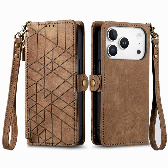 Estuche de teléfono de cuero con hebilla lateral de billetera con cremallera geométrica, For iPhone 17e / 16e, For iPhone 17 Pro Max, For iPhone 17 Pro, For iPhone 17, For iPhone Air, For iPhone 16 Pro Max, For iPhone 16 Pro, For iPhone 16 Plus        ...