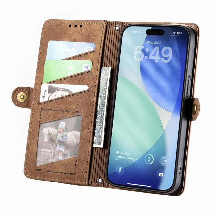 Estuche de teléfono de cuero con hebilla lateral de billetera con cremallera geométrica, For iPhone 17e / 16e, For iPhone 17 Pro Max, For iPhone 17 Pro, For iPhone 17, For iPhone Air, For iPhone 16 Pro Max, For iPhone 16 Pro, For iPhone 16 Plus        ...