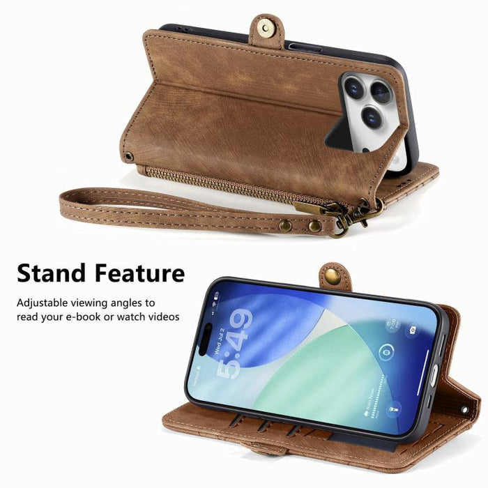 Estuche de teléfono de cuero con hebilla lateral de billetera con cremallera geométrica, For iPhone 17e / 16e, For iPhone 17 Pro Max, For iPhone 17 Pro, For iPhone 17, For iPhone Air, For iPhone 16 Pro Max, For iPhone 16 Pro, For iPhone 16 Plus        ...