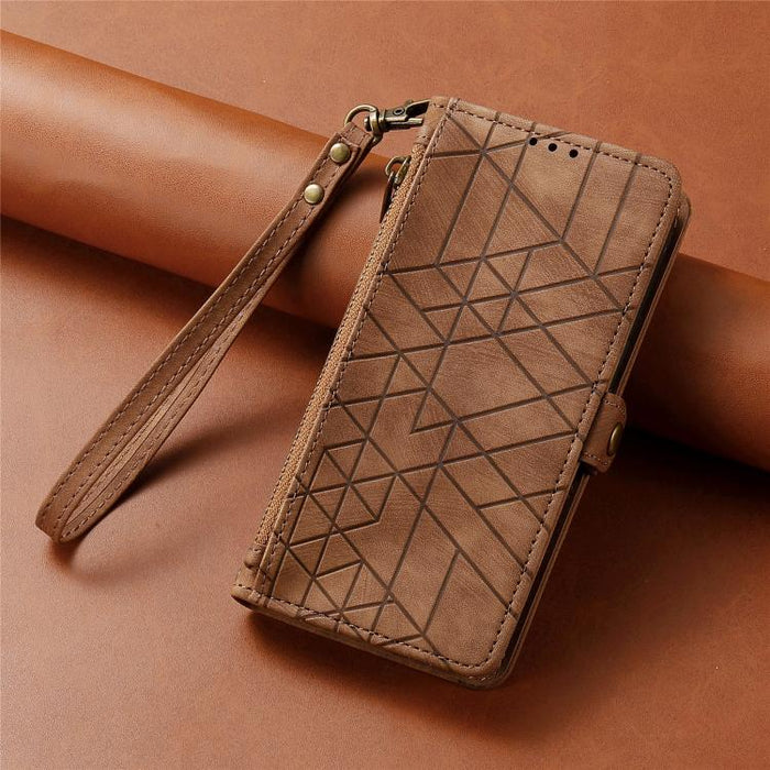 Estuche de teléfono de cuero con hebilla lateral de billetera con cremallera geométrica, For iPhone 17e / 16e, For iPhone 17 Pro Max, For iPhone 17 Pro, For iPhone 17, For iPhone Air, For iPhone 16 Pro Max, For iPhone 16 Pro, For iPhone 16 Plus        ...