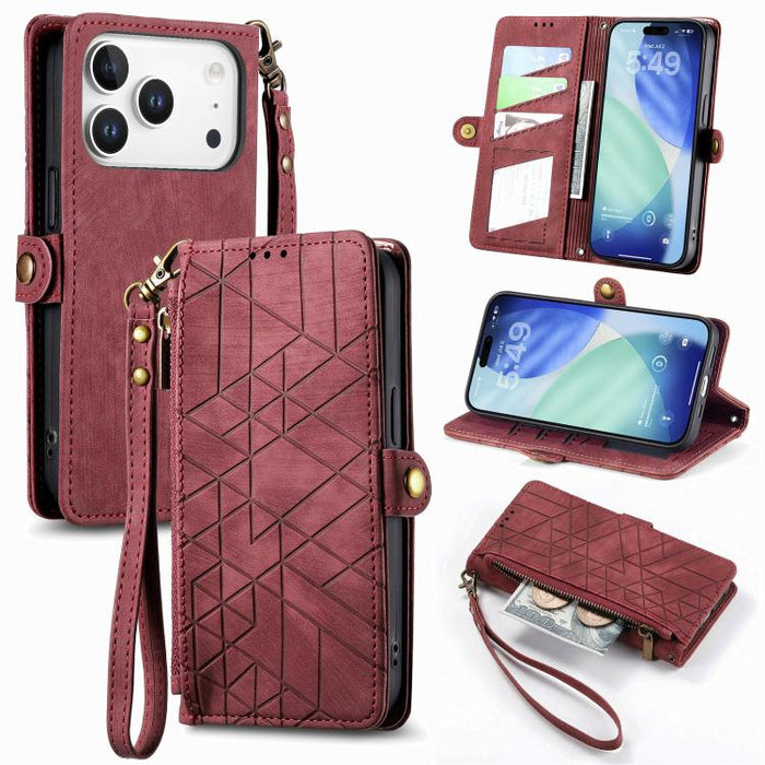 Estuche de teléfono de cuero con hebilla lateral de billetera con cremallera geométrica, For iPhone 17e / 16e, For iPhone 17 Pro Max, For iPhone 17 Pro, For iPhone 17, For iPhone Air, For iPhone 16 Pro Max, For iPhone 16 Pro, For iPhone 16 Plus        ...