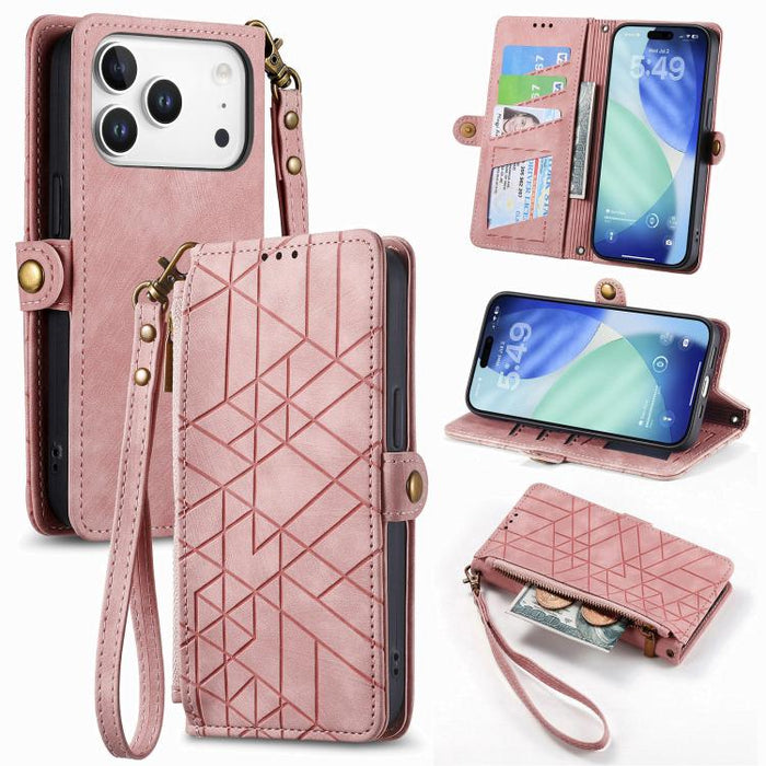 Estuche de teléfono de cuero con hebilla lateral de billetera con cremallera geométrica, For iPhone 17e / 16e, For iPhone 17 Pro Max, For iPhone 17 Pro, For iPhone 17, For iPhone Air, For iPhone 16 Pro Max, For iPhone 16 Pro, For iPhone 16 Plus        ...