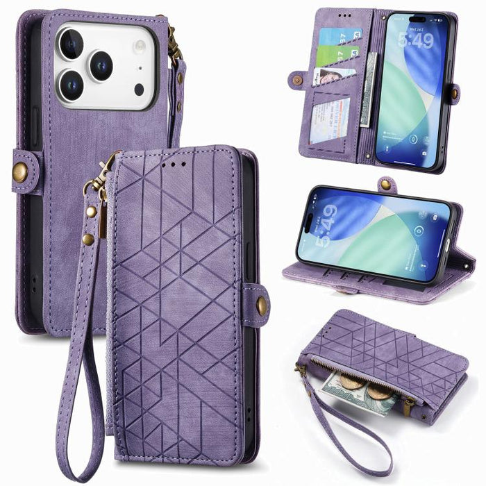 Estuche de teléfono de cuero con hebilla lateral de billetera con cremallera geométrica, For iPhone 17e / 16e, For iPhone 17 Pro Max, For iPhone 17 Pro, For iPhone 17, For iPhone Air, For iPhone 16 Pro Max, For iPhone 16 Pro, For iPhone 16 Plus        ...