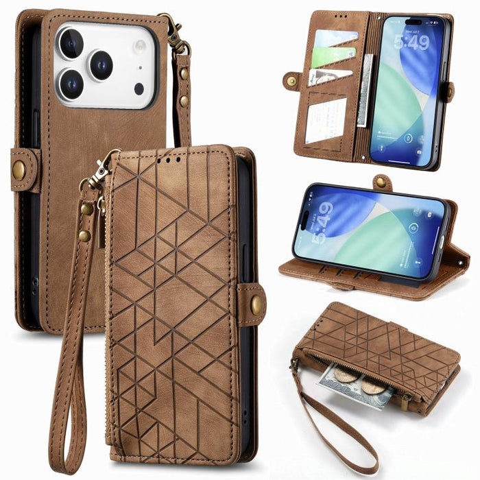 Estuche de teléfono de cuero con hebilla lateral de billetera con cremallera geométrica, For iPhone 17e / 16e, For iPhone 17 Pro Max, For iPhone 17 Pro, For iPhone 17, For iPhone Air, For iPhone 16 Pro Max, For iPhone 16 Pro, For iPhone 16 Plus        ...