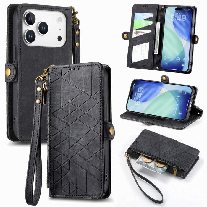 Estuche de teléfono de cuero con hebilla lateral de billetera con cremallera geométrica, For iPhone 17e / 16e, For iPhone 17 Pro Max, For iPhone 17 Pro, For iPhone 17, For iPhone Air, For iPhone 16 Pro Max, For iPhone 16 Pro, For iPhone 16 Plus        ...