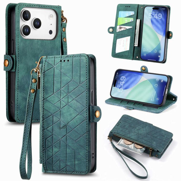 Estuche de teléfono de cuero con hebilla lateral de billetera con cremallera geométrica, For iPhone 17e / 16e, For iPhone 17 Pro Max, For iPhone 17 Pro, For iPhone 17, For iPhone Air, For iPhone 16 Pro Max, For iPhone 16 Pro, For iPhone 16 Plus        ...