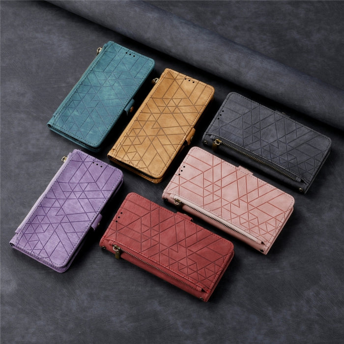Estuche de teléfono de cuero con hebilla lateral de billetera con cremallera geométrica, For iPhone 17e / 16e, For iPhone 17 Pro Max, For iPhone 17 Pro, For iPhone 17, For iPhone Air, For iPhone 16 Pro Max, For iPhone 16 Pro, For iPhone 16 Plus        ...