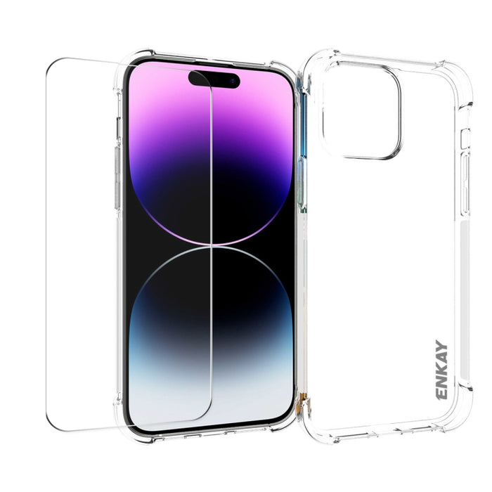 ENKAY Funda de teléfono transparente de TPU a prueba de golpes con película de vidrio, For iPhone 14 Plus, For iPhone 15 Pro Max, For iPhone 14, For iPhone 15 Pro, For iPhone 14 Pro, For iPhone 15 Plus, For iPhone 14 Pro Max, For iPhone 15