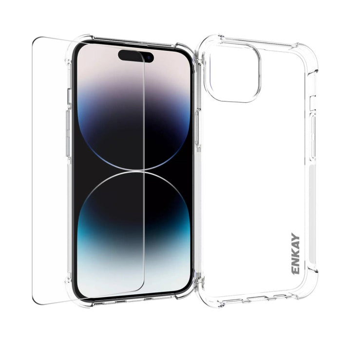 ENKAY Funda de teléfono transparente de TPU a prueba de golpes con película de vidrio, For iPhone 14 Plus, For iPhone 15 Pro Max, For iPhone 14, For iPhone 15 Pro, For iPhone 14 Pro, For iPhone 15 Plus, For iPhone 14 Pro Max, For iPhone 15