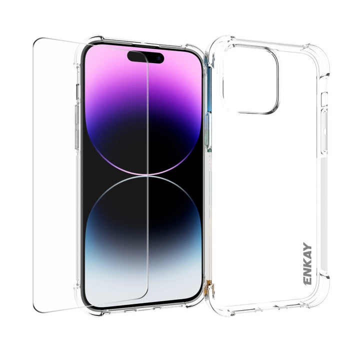 ENKAY Funda de teléfono transparente de TPU a prueba de golpes con película de vidrio, For iPhone 14 Plus, For iPhone 15 Pro Max, For iPhone 14, For iPhone 15 Pro, For iPhone 14 Pro, For iPhone 15 Plus, For iPhone 14 Pro Max, For iPhone 15