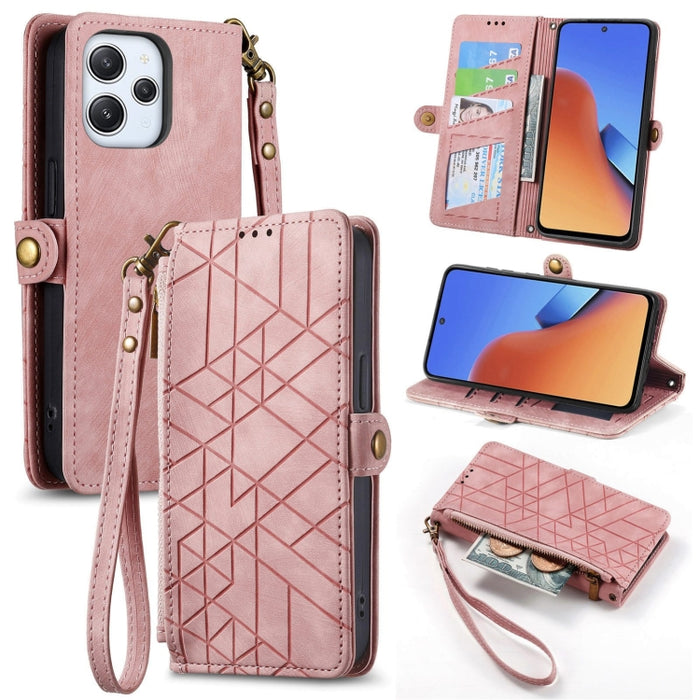 Estuche de teléfono de cuero con hebilla lateral de billetera con cremallera geométrica, For Xiaomi Redmi 12, For Xiaomi Redmi Note 12S, For Xiaomi Redmi Note 12 4G, For Redmi Note 12 Turbo, For Xiaomi Redmi Note 12 5G, For Xiaomi Redmi 12C            ...