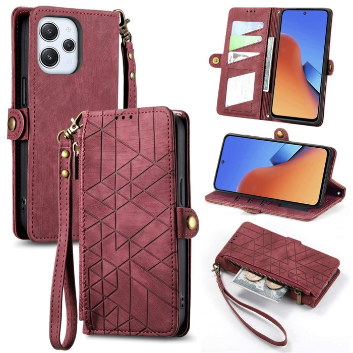 Estuche de teléfono de cuero con hebilla lateral de billetera con cremallera geométrica, For Xiaomi Redmi 12, For Xiaomi Redmi Note 12S, For Xiaomi Redmi Note 12 4G, For Redmi Note 12 Turbo, For Xiaomi Redmi Note 12 5G, For Xiaomi Redmi 12C            ...