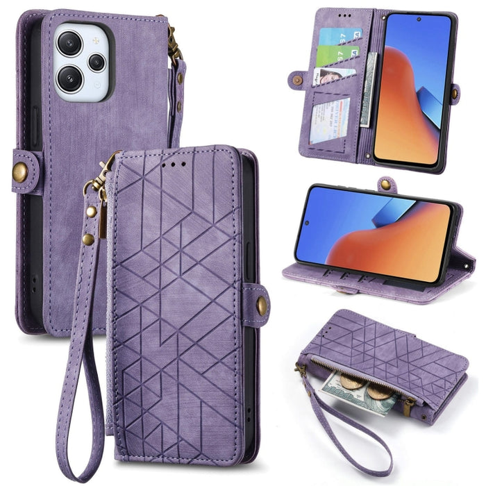 Estuche de teléfono de cuero con hebilla lateral de billetera con cremallera geométrica, For Xiaomi Redmi 12, For Xiaomi Redmi Note 12S, For Xiaomi Redmi Note 12 4G, For Redmi Note 12 Turbo, For Xiaomi Redmi Note 12 5G, For Xiaomi Redmi 12C            ...