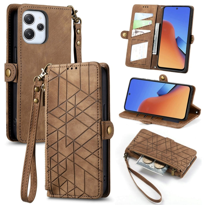 Estuche de teléfono de cuero con hebilla lateral de billetera con cremallera geométrica, For Xiaomi Redmi 12, For Xiaomi Redmi Note 12S, For Xiaomi Redmi Note 12 4G, For Redmi Note 12 Turbo, For Xiaomi Redmi Note 12 5G, For Xiaomi Redmi 12C            ...