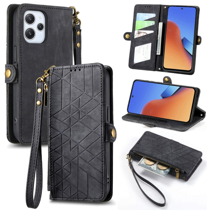 Estuche de teléfono de cuero con hebilla lateral de billetera con cremallera geométrica, For Xiaomi Redmi 12, For Xiaomi Redmi Note 12S, For Xiaomi Redmi Note 12 4G, For Redmi Note 12 Turbo, For Xiaomi Redmi Note 12 5G, For Xiaomi Redmi 12C            ...