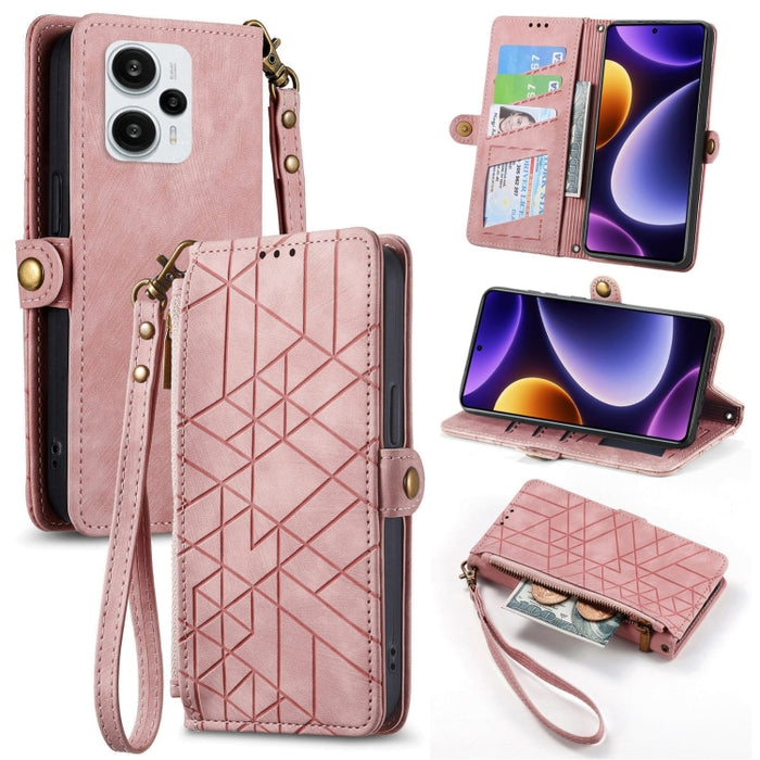 Estuche de teléfono de cuero con hebilla lateral de billetera con cremallera geométrica, For Xiaomi Redmi 12, For Xiaomi Redmi Note 12S, For Xiaomi Redmi Note 12 4G, For Redmi Note 12 Turbo, For Xiaomi Redmi Note 12 5G, For Xiaomi Redmi 12C            ...