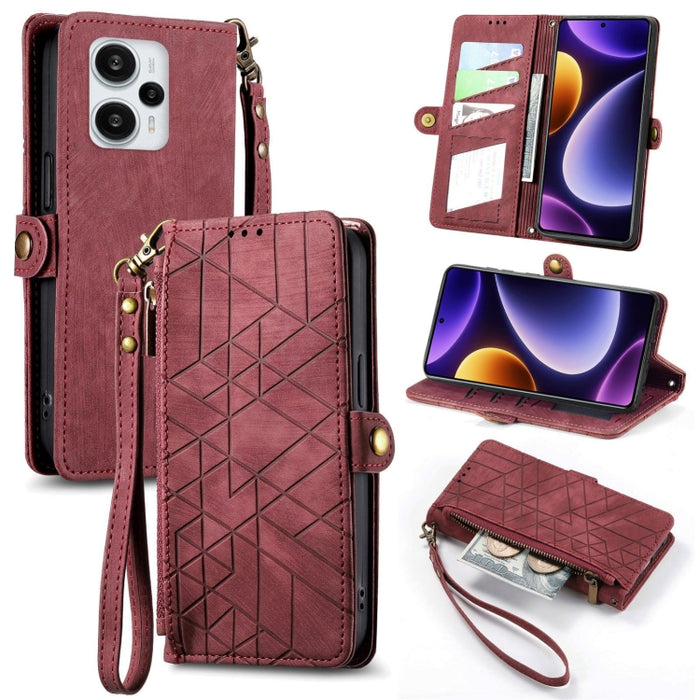 Estuche de teléfono de cuero con hebilla lateral de billetera con cremallera geométrica, For Xiaomi Redmi 12, For Xiaomi Redmi Note 12S, For Xiaomi Redmi Note 12 4G, For Redmi Note 12 Turbo, For Xiaomi Redmi Note 12 5G, For Xiaomi Redmi 12C            ...