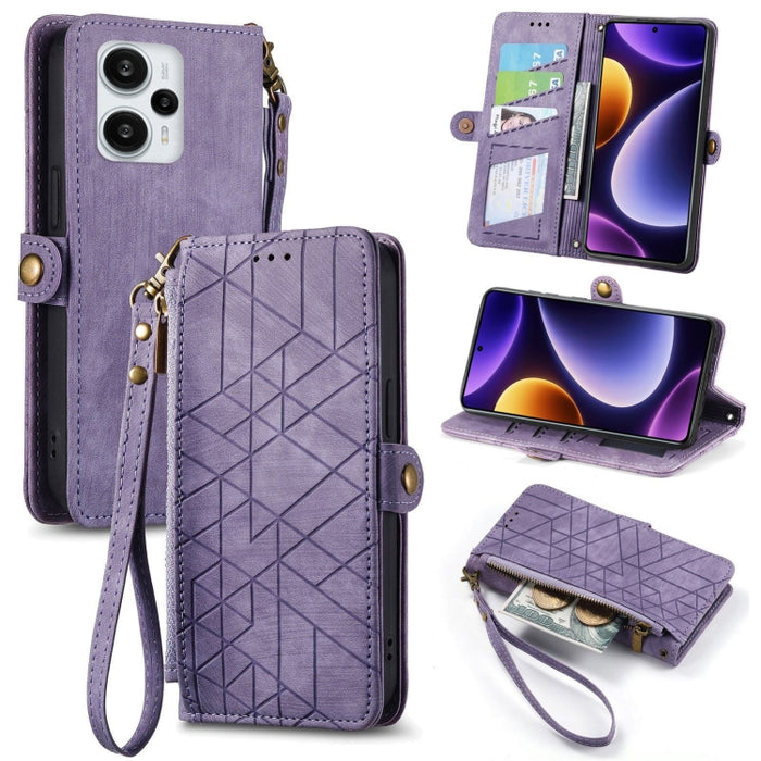 Estuche de teléfono de cuero con hebilla lateral de billetera con cremallera geométrica, For Xiaomi Redmi 12, For Xiaomi Redmi Note 12S, For Xiaomi Redmi Note 12 4G, For Redmi Note 12 Turbo, For Xiaomi Redmi Note 12 5G, For Xiaomi Redmi 12C            ...
