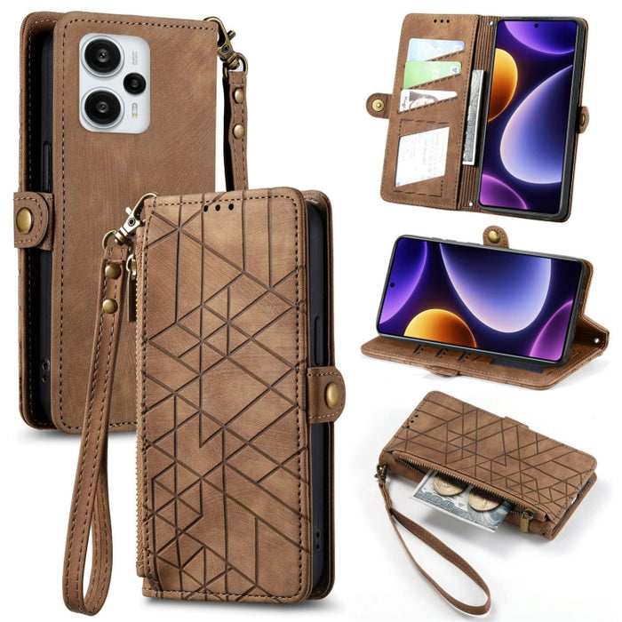 Estuche de teléfono de cuero con hebilla lateral de billetera con cremallera geométrica, For Xiaomi Redmi 12, For Xiaomi Redmi Note 12S, For Xiaomi Redmi Note 12 4G, For Redmi Note 12 Turbo, For Xiaomi Redmi Note 12 5G, For Xiaomi Redmi 12C            ...