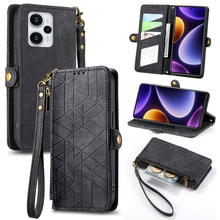 Estuche de teléfono de cuero con hebilla lateral de billetera con cremallera geométrica, For Xiaomi Redmi 12, For Xiaomi Redmi Note 12S, For Xiaomi Redmi Note 12 4G, For Redmi Note 12 Turbo, For Xiaomi Redmi Note 12 5G, For Xiaomi Redmi 12C            ...