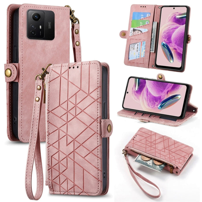 Estuche de teléfono de cuero con hebilla lateral de billetera con cremallera geométrica, For Xiaomi Redmi 12, For Xiaomi Redmi Note 12S, For Xiaomi Redmi Note 12 4G, For Redmi Note 12 Turbo, For Xiaomi Redmi Note 12 5G, For Xiaomi Redmi 12C            ...