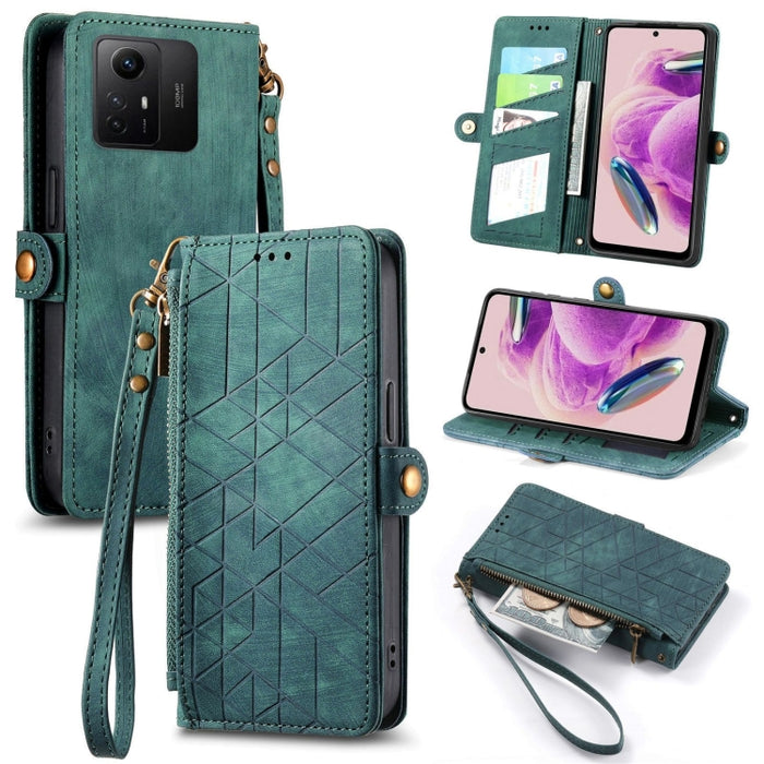 Estuche de teléfono de cuero con hebilla lateral de billetera con cremallera geométrica, For Xiaomi Redmi 12, For Xiaomi Redmi Note 12S, For Xiaomi Redmi Note 12 4G, For Redmi Note 12 Turbo, For Xiaomi Redmi Note 12 5G, For Xiaomi Redmi 12C            ...