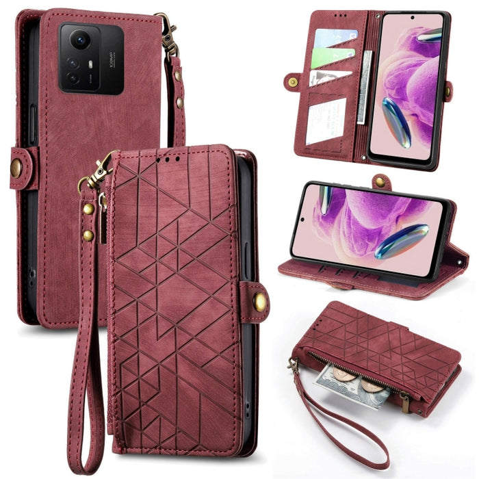 Estuche de teléfono de cuero con hebilla lateral de billetera con cremallera geométrica, For Xiaomi Redmi 12, For Xiaomi Redmi Note 12S, For Xiaomi Redmi Note 12 4G, For Redmi Note 12 Turbo, For Xiaomi Redmi Note 12 5G, For Xiaomi Redmi 12C            ...
