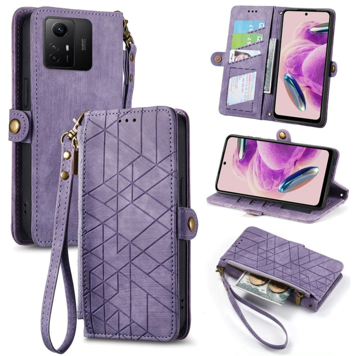Estuche de teléfono de cuero con hebilla lateral de billetera con cremallera geométrica, For Xiaomi Redmi 12, For Xiaomi Redmi Note 12S, For Xiaomi Redmi Note 12 4G, For Redmi Note 12 Turbo, For Xiaomi Redmi Note 12 5G, For Xiaomi Redmi 12C            ...