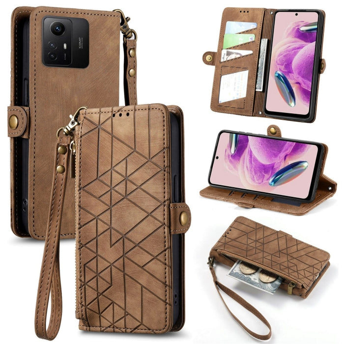 Estuche de teléfono de cuero con hebilla lateral de billetera con cremallera geométrica, For Xiaomi Redmi 12, For Xiaomi Redmi Note 12S, For Xiaomi Redmi Note 12 4G, For Redmi Note 12 Turbo, For Xiaomi Redmi Note 12 5G, For Xiaomi Redmi 12C            ...