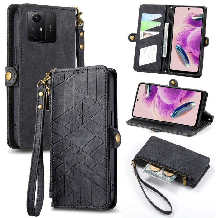 Estuche de teléfono de cuero con hebilla lateral de billetera con cremallera geométrica, For Xiaomi Redmi 12, For Xiaomi Redmi Note 12S, For Xiaomi Redmi Note 12 4G, For Redmi Note 12 Turbo, For Xiaomi Redmi Note 12 5G, For Xiaomi Redmi 12C            ...