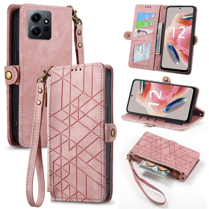 Estuche de teléfono de cuero con hebilla lateral de billetera con cremallera geométrica, For Xiaomi Redmi 12, For Xiaomi Redmi Note 12S, For Xiaomi Redmi Note 12 4G, For Redmi Note 12 Turbo, For Xiaomi Redmi Note 12 5G, For Xiaomi Redmi 12C            ...