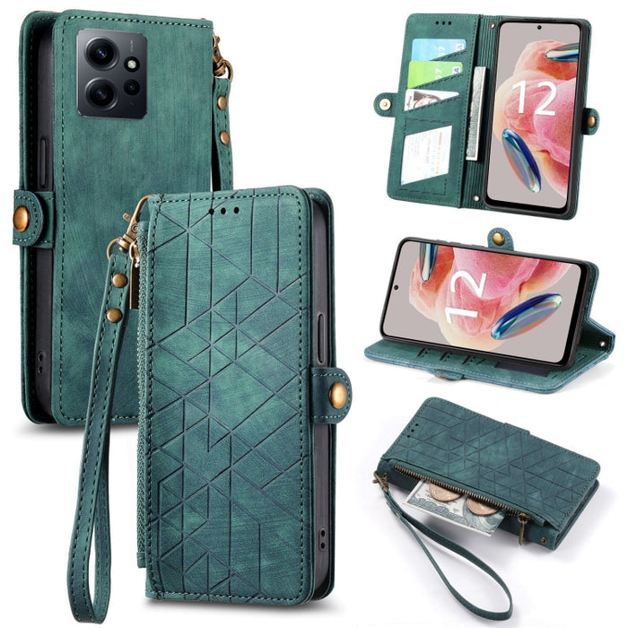 Estuche de teléfono de cuero con hebilla lateral de billetera con cremallera geométrica, For Xiaomi Redmi 12, For Xiaomi Redmi Note 12S, For Xiaomi Redmi Note 12 4G, For Redmi Note 12 Turbo, For Xiaomi Redmi Note 12 5G, For Xiaomi Redmi 12C            ...