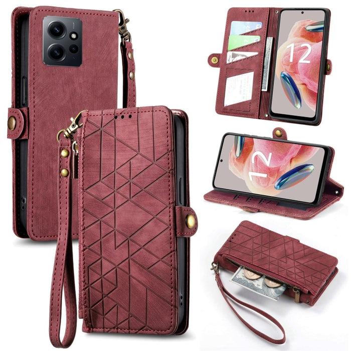 Estuche de teléfono de cuero con hebilla lateral de billetera con cremallera geométrica, For Xiaomi Redmi 12, For Xiaomi Redmi Note 12S, For Xiaomi Redmi Note 12 4G, For Redmi Note 12 Turbo, For Xiaomi Redmi Note 12 5G, For Xiaomi Redmi 12C            ...