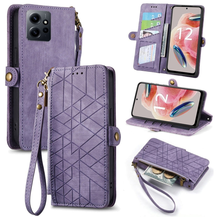 Estuche de teléfono de cuero con hebilla lateral de billetera con cremallera geométrica, For Xiaomi Redmi 12, For Xiaomi Redmi Note 12S, For Xiaomi Redmi Note 12 4G, For Redmi Note 12 Turbo, For Xiaomi Redmi Note 12 5G, For Xiaomi Redmi 12C            ...